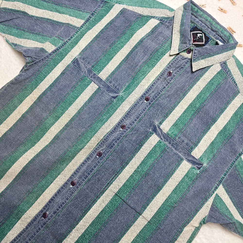 Vintage Santana Striped Shirt Large Green Blue White Cotton Short Sleeve‎ Retro